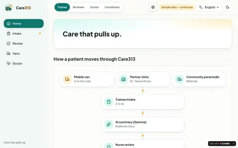 Screenshot of Care313 live demo