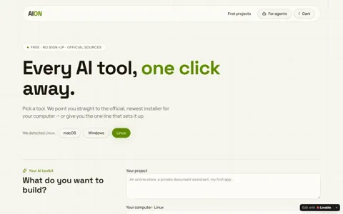 Screenshot of AION live demo, which points you to official installers for AI tools