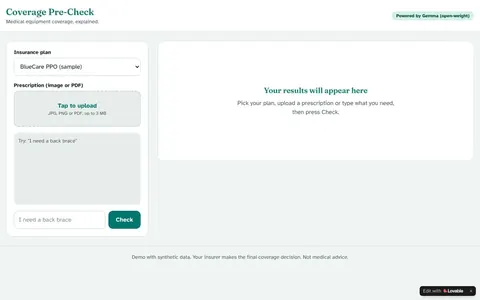 Screenshot of Coverage Pre-Check live demo