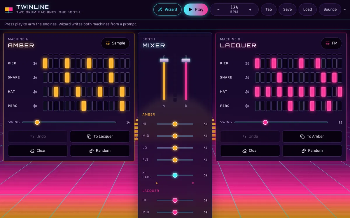 Screenshot of Twin Line live demo, two drum machines and a mixer