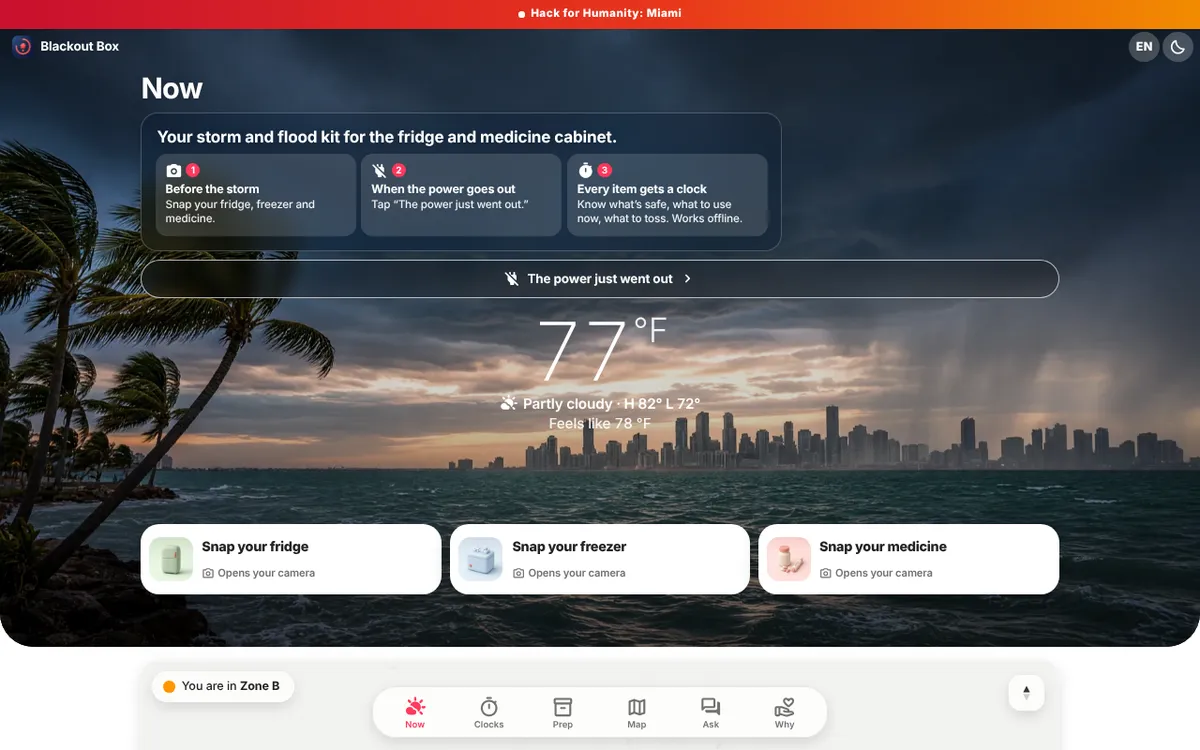 Screenshot of Blackout Box live demo, a storm and power-outage kit for Miami