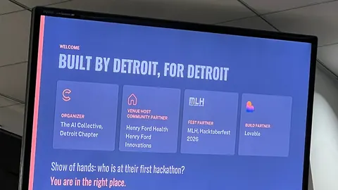 Welcome slide crediting The AI Collective Detroit Chapter, Henry Ford Health and Henry Ford Innovations, MLH Hacktoberfest 2026 and Lovable